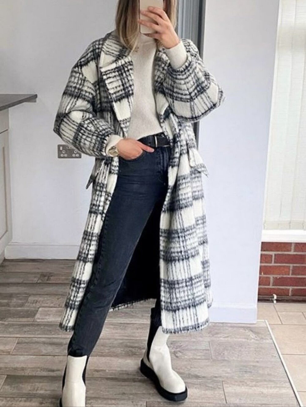 Zara Black and White Plaid Jacket with Textured Collar